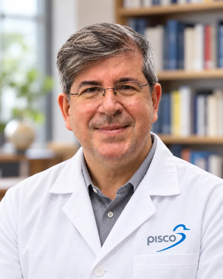 Prof. Anselmo Pisco, o Professor Pisco, fundador da Pisco Sistemas, de jaleco com o logo da Pisco